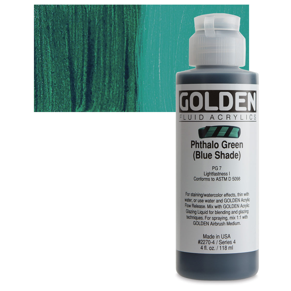 Golden Fluid Acrylic - Phthalo Green (Blue Shade), 4 oz bottle and swatch