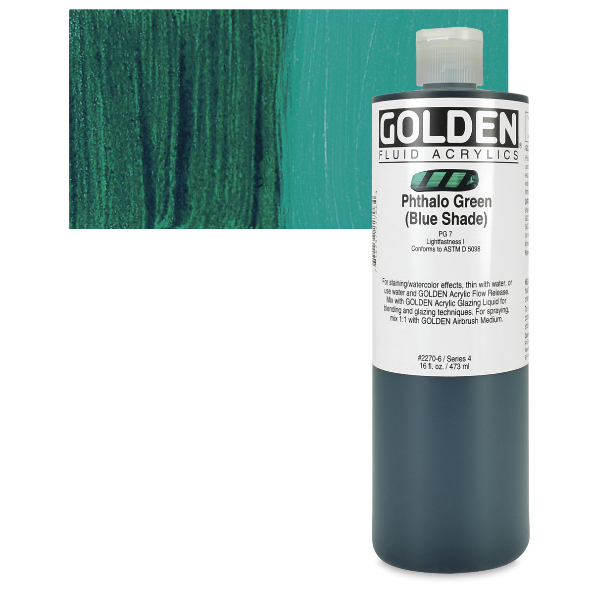 Golden Fluid Acrylic - Phthalo Green (Blue Shade), 16 oz bottle and swatch
