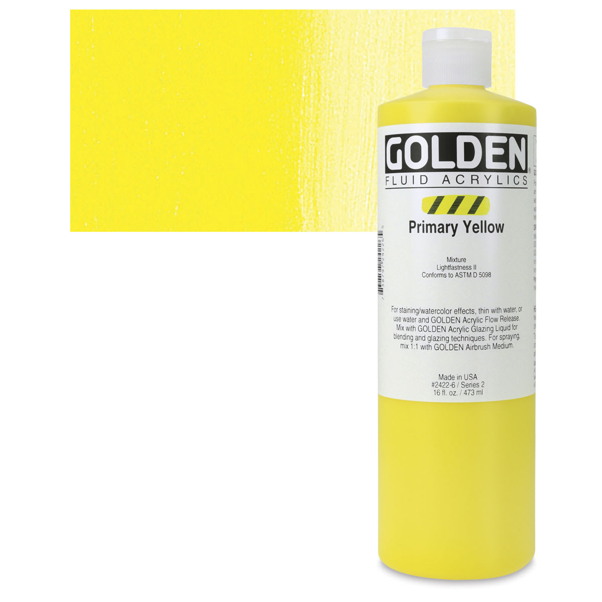 Golden Fluid Acrylic - Primary Yellow, 16 oz bottle and swatch
