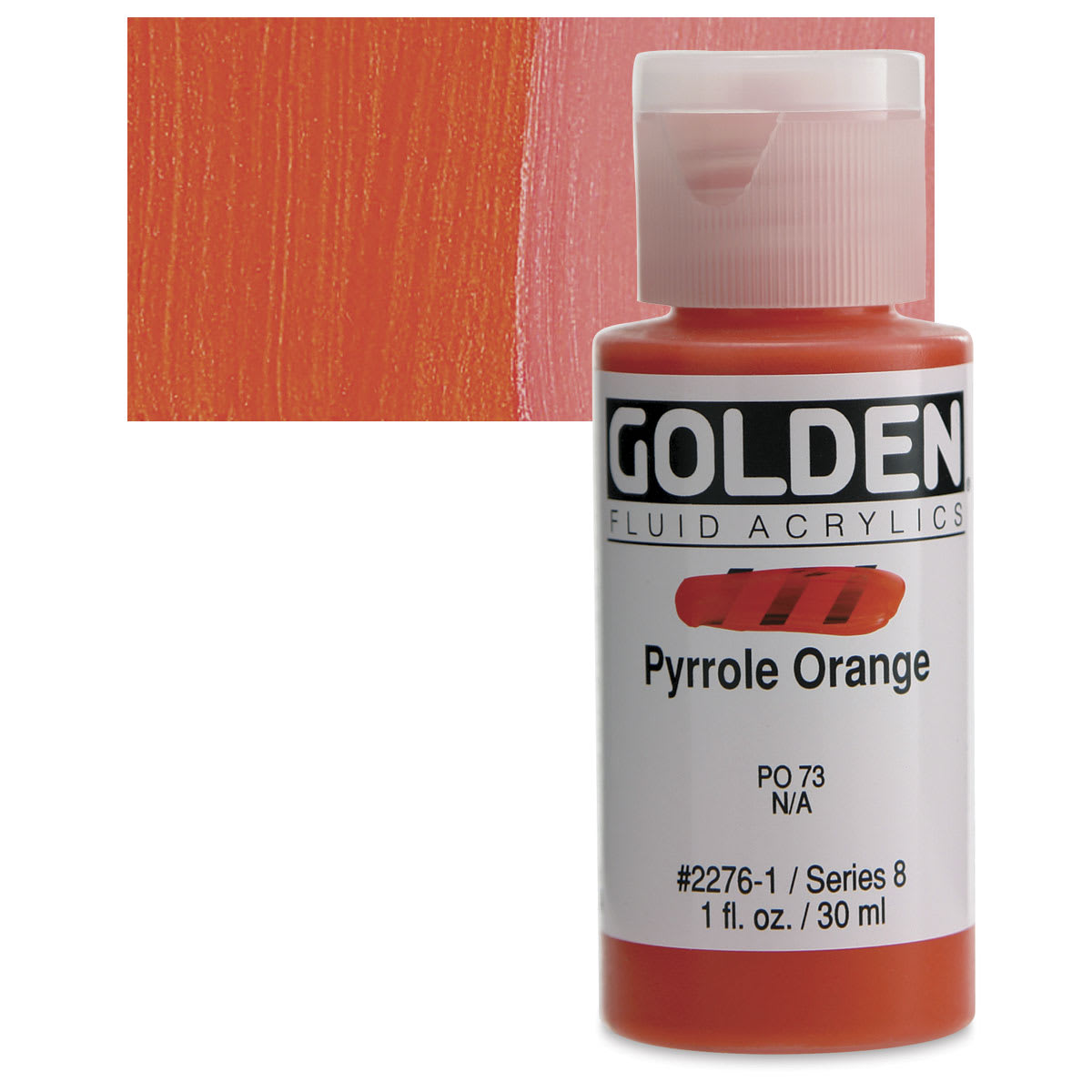 Golden Fluid Acrylic - Pyrrole Orange, 1 oz bottle and swatch