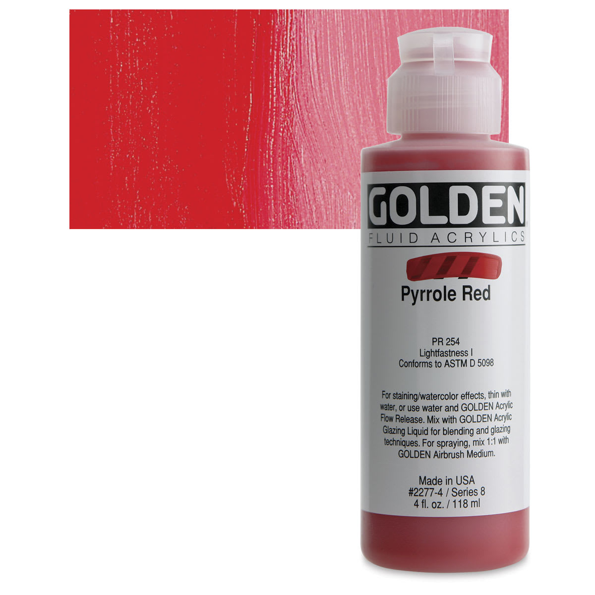 Golden Fluid Acrylic - Pyrrole Red, 4 oz bottle and swatch