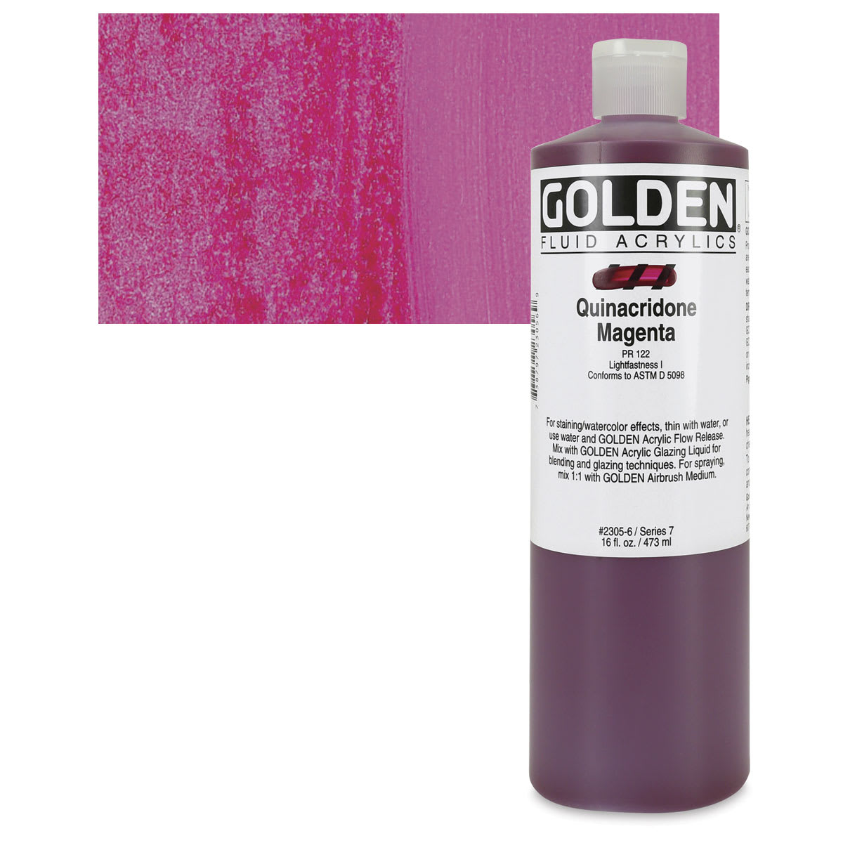 Golden Fluid Acrylic - Quinacridone Magenta, 16 oz bottle and swatch