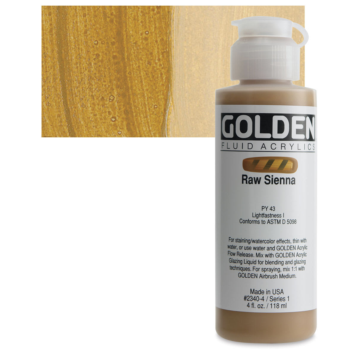 Golden Fluid Acrylic - Raw Sienna, 4 oz bottle and swatch