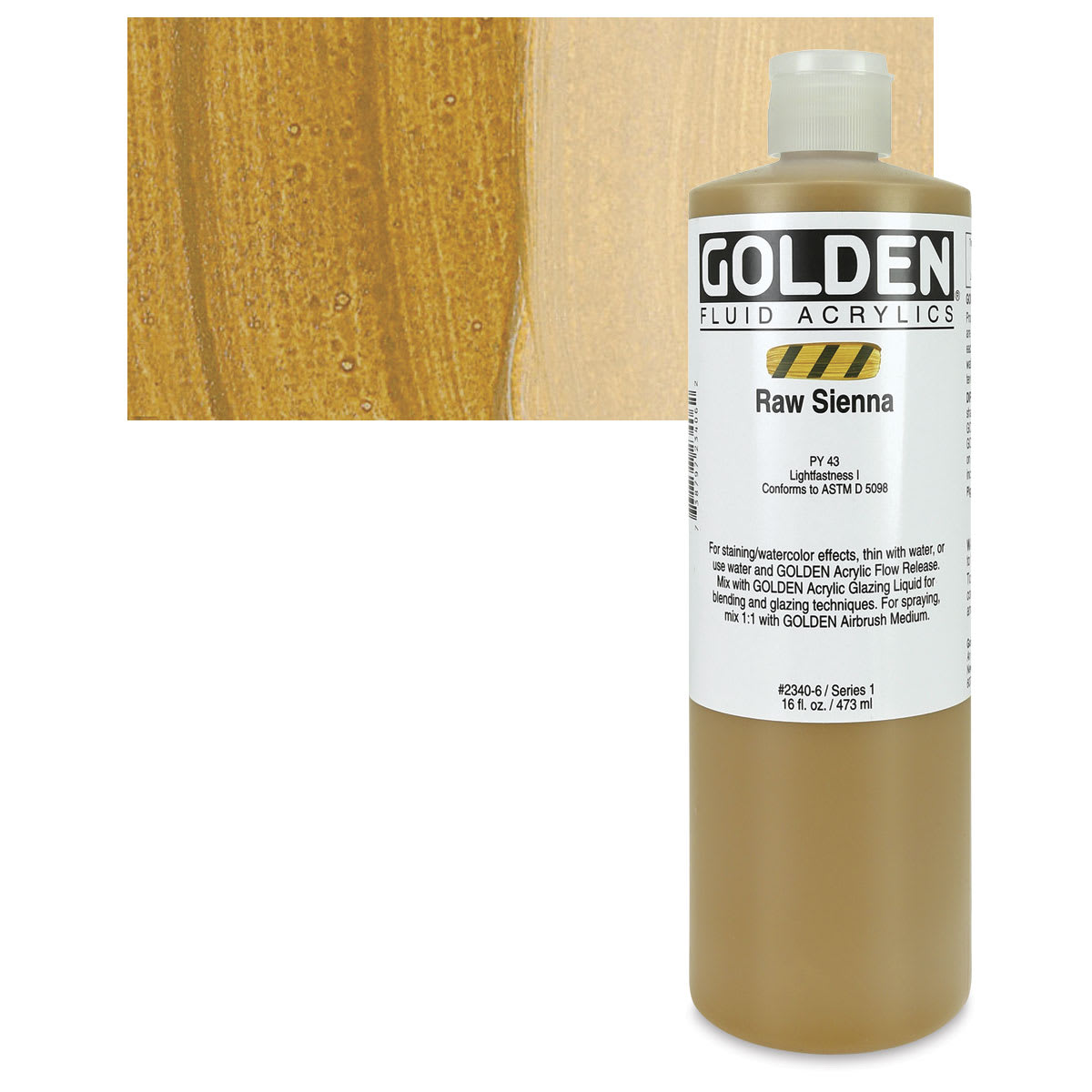 Golden Fluid Acrylic - Raw Sienna, 16 oz bottle and swatch