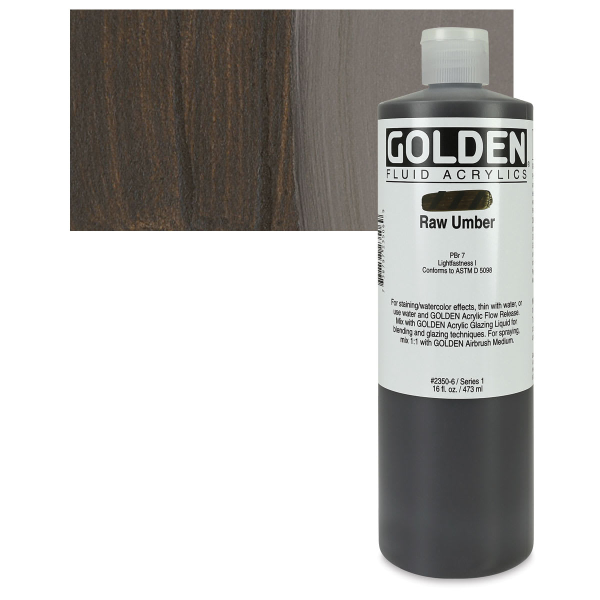 Golden Fluid Acrylic - Raw Umber, 16 oz bottle and swatch