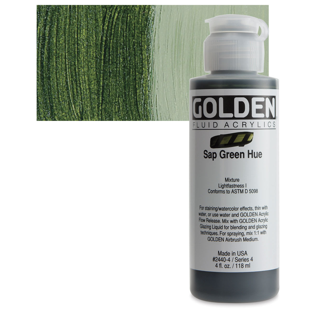 Golden Fluid Acrylic - Sap Green Historical Hue, 4 oz bottle and swatch