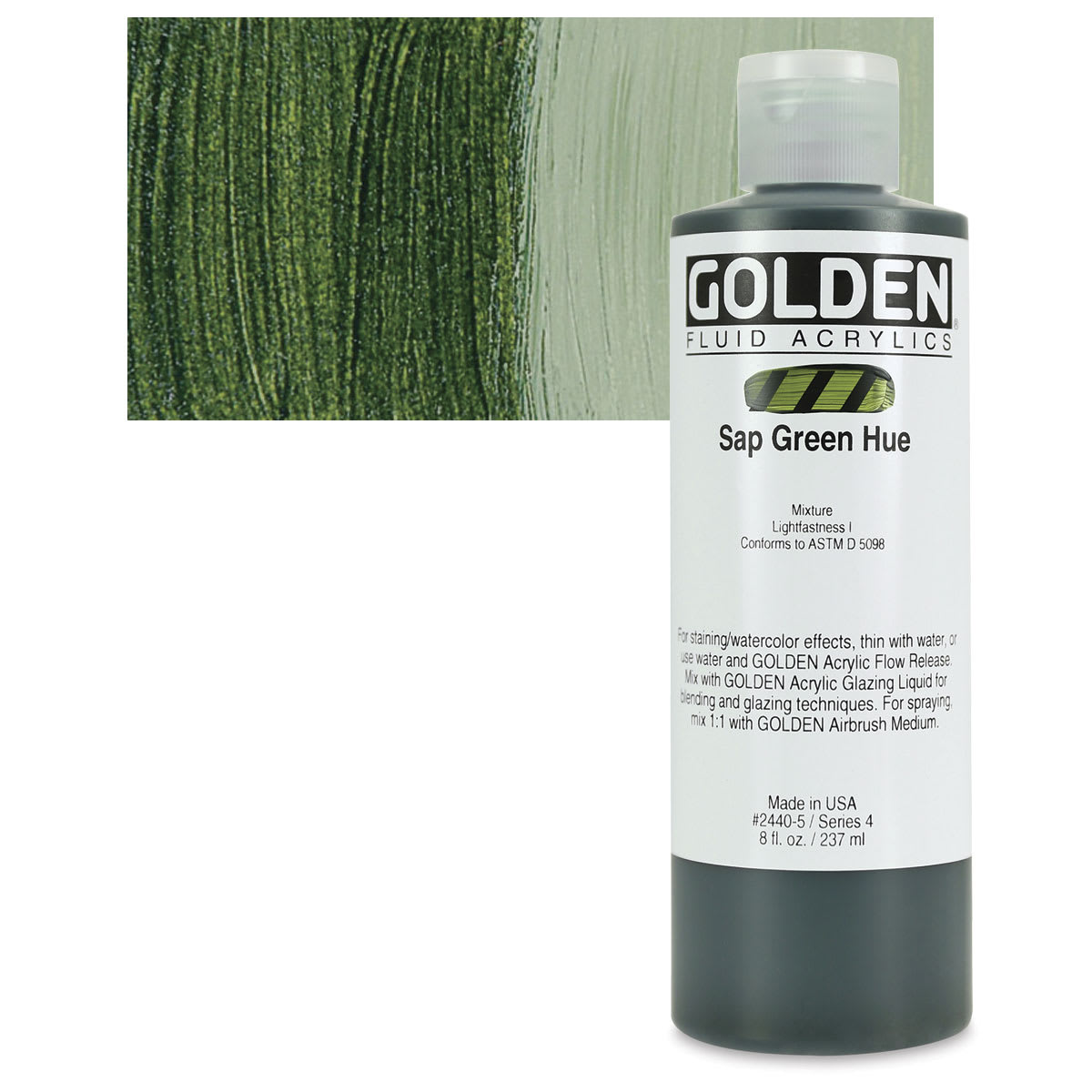 Golden Fluid Acrylic - Sap Green Historical Hue, 8 oz bottle and swatch