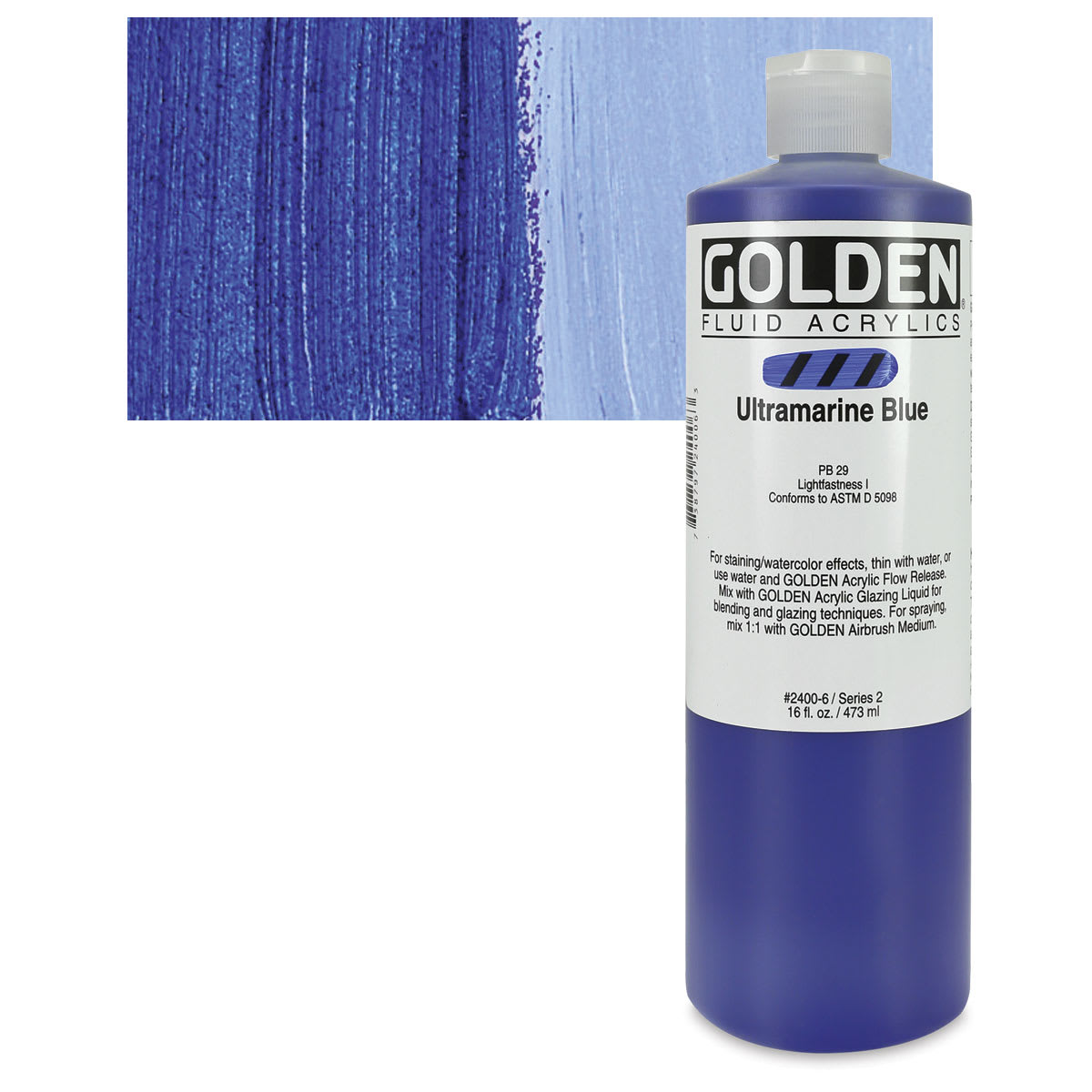 Golden Fluid Acrylic - Ultramarine Blue, 16 oz bottle and swatch