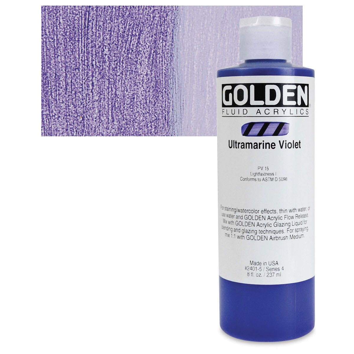 Golden Fluid Acrylic - Ultramarine Violet, 8 oz bottle and swatch