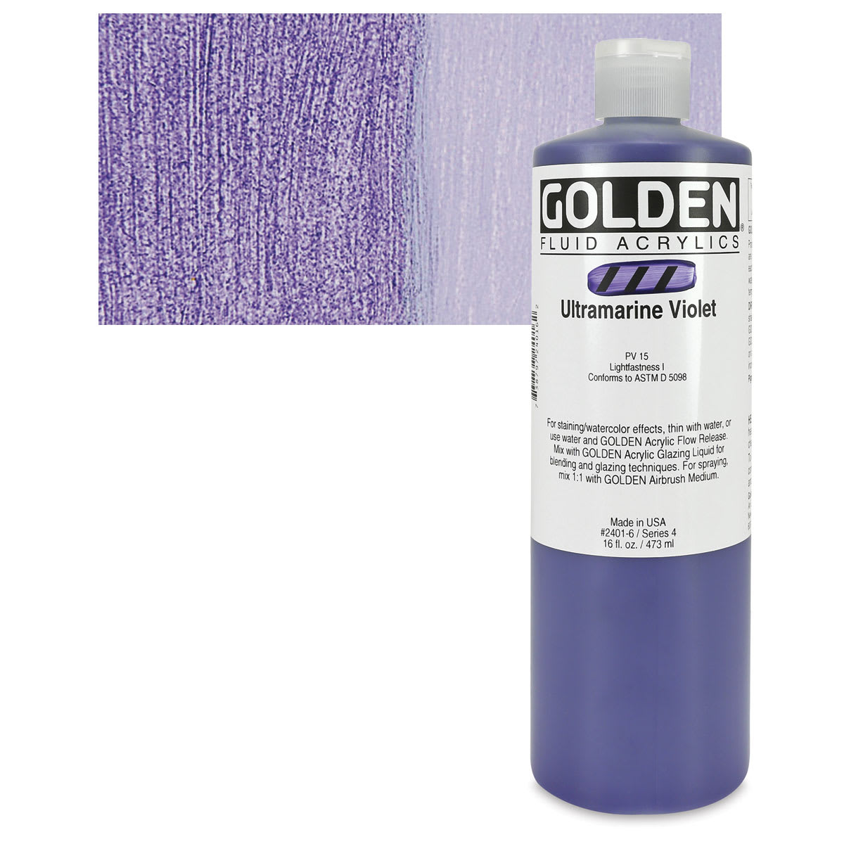 Golden Fluid Acrylic - Ultramarine Violet, 16 oz bottle and swatch