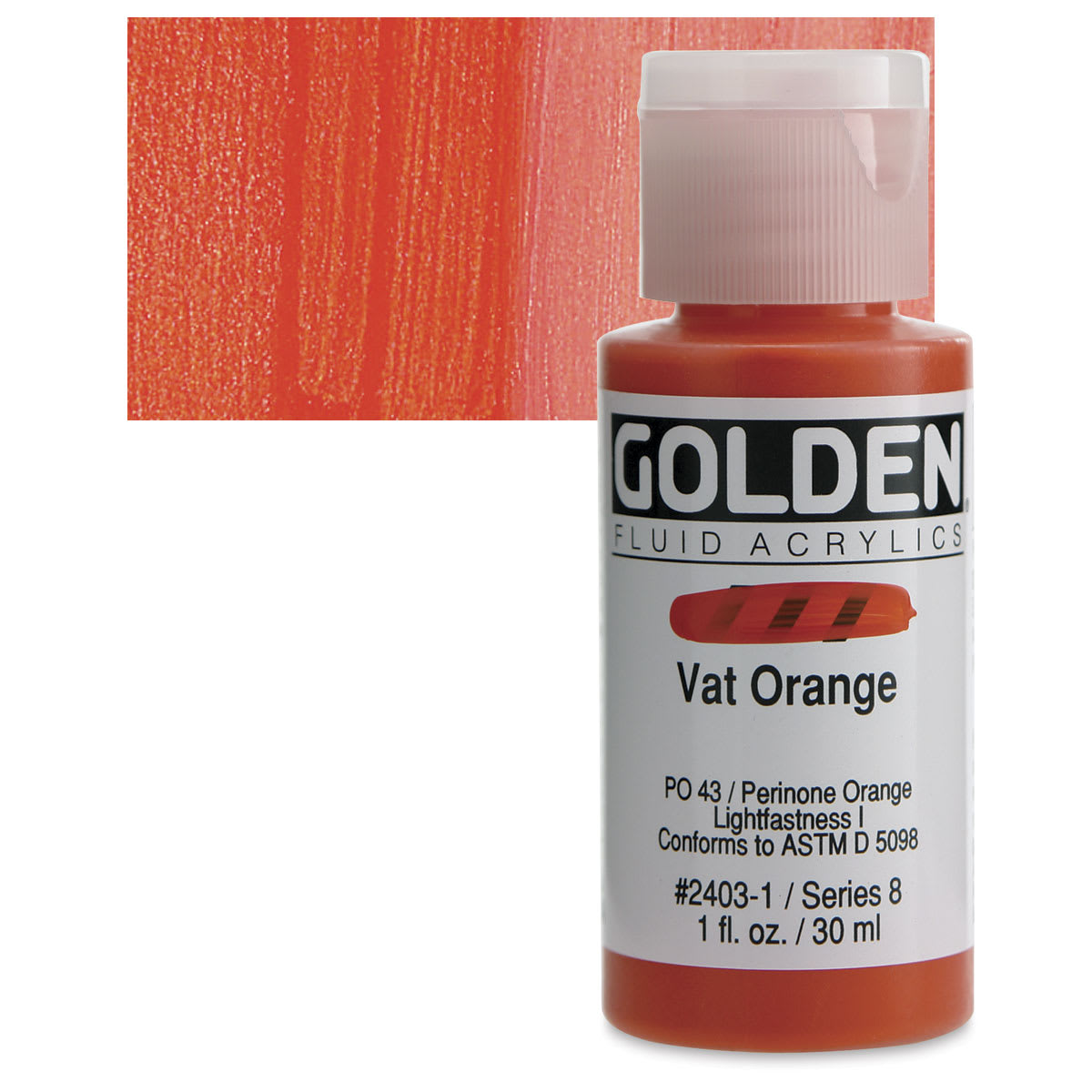 Golden Fluid Acrylic - Vat Orange, 1 oz bottle and swatch