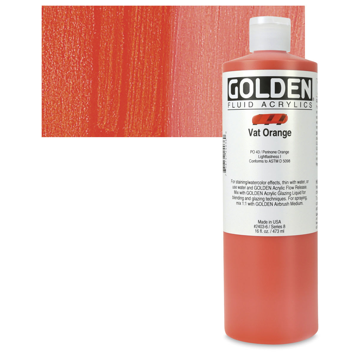 Golden Fluid Acrylic - Vat Orange, 16 oz bottle and swatch