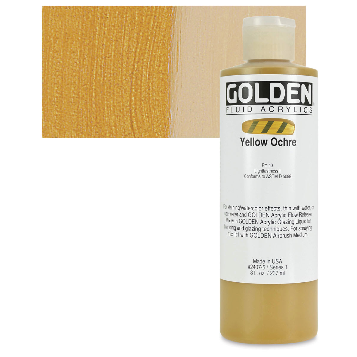 Golden Fluid Acrylic - Yellow Ochre, 8 oz bottle and swatch