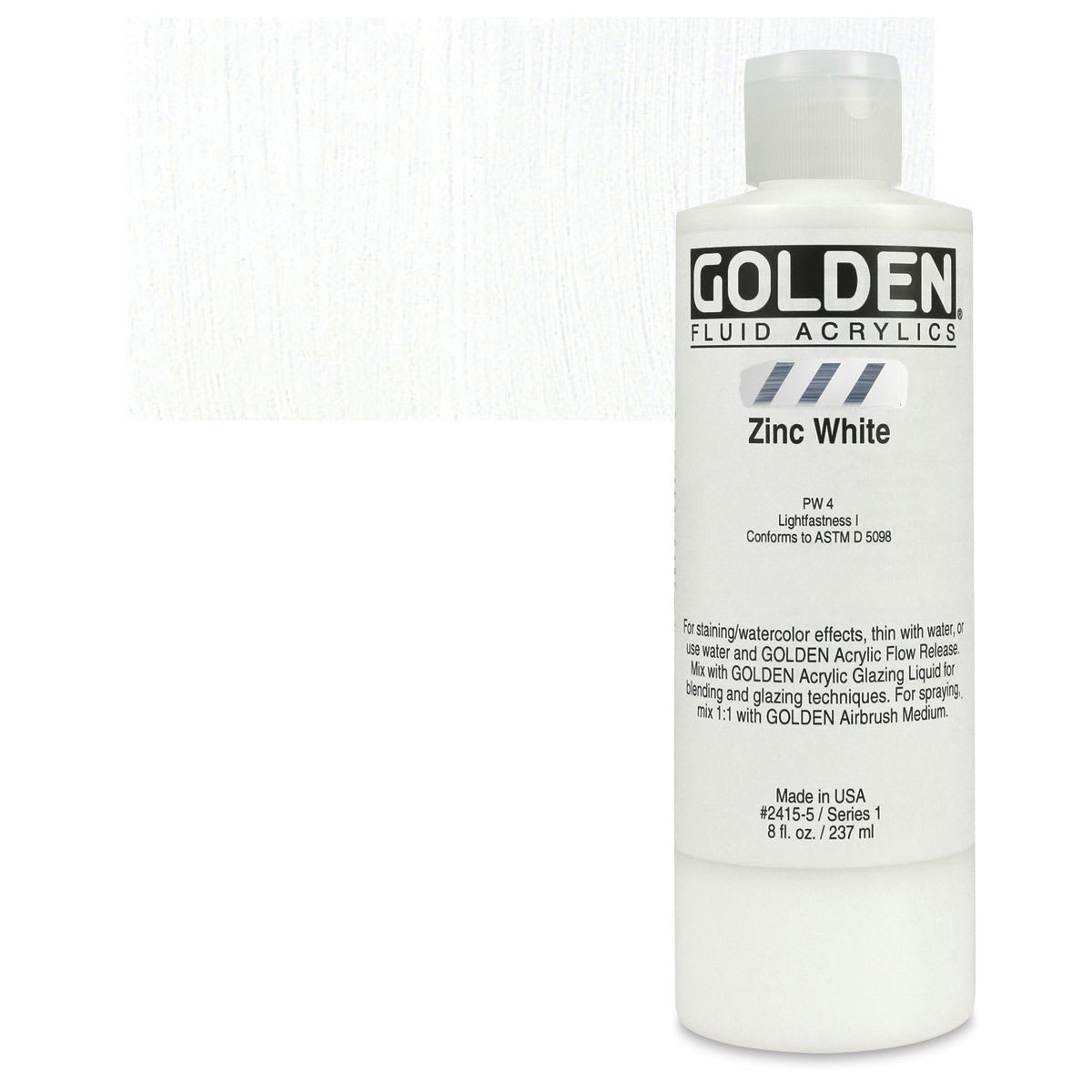 Golden Fluid Acrylic - Zinc White, 8 oz bottle and swatch