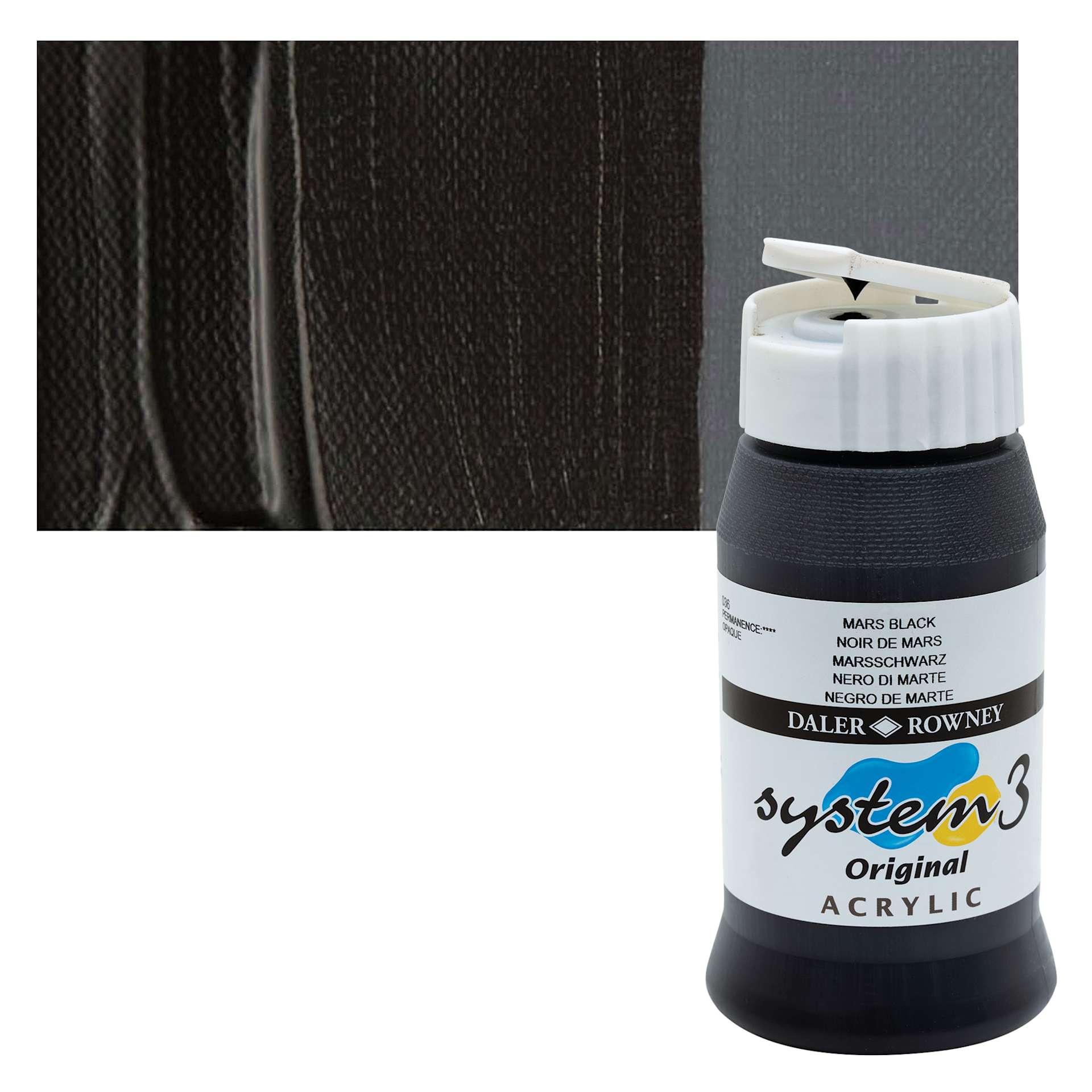 Daler-Rowney System3 Acrylic - Mars Black, 500 ml bottle and swatch