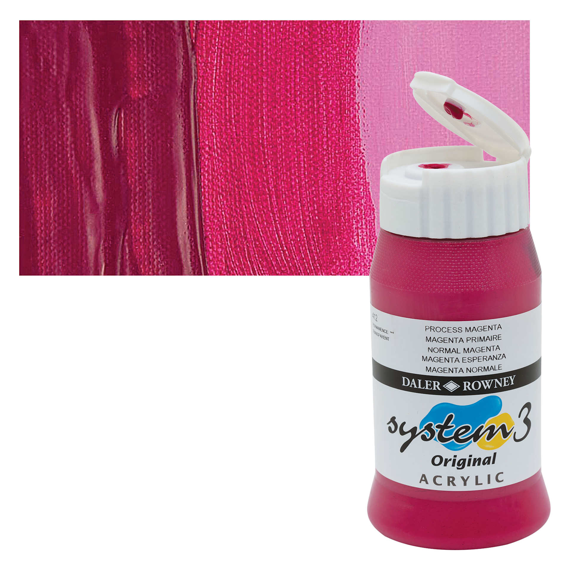 Daler-Rowney System3 Acrylic - Process Magenta, 500 ml bottle and swatch