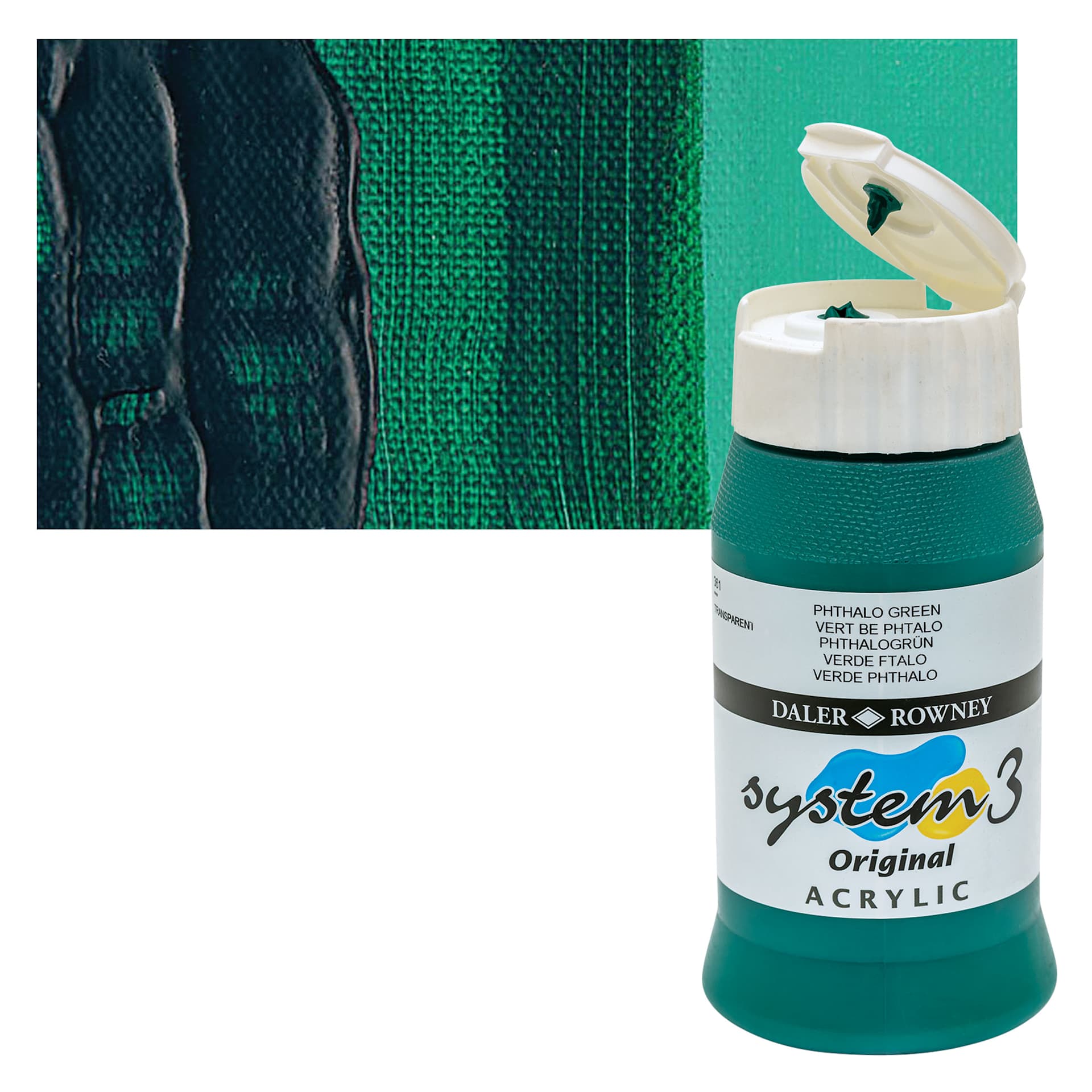 Daler-Rowney System3 Acrylic - Phthalo Green, 500 ml bottle and swatch