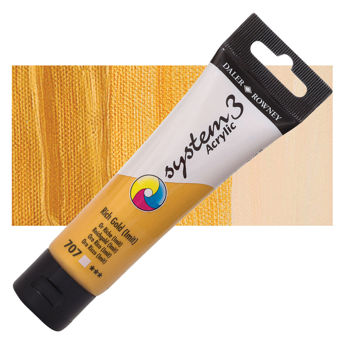 Daler-Rowney System3 Acrylic - Rich Gold Hue, 59 ml tube and swatch