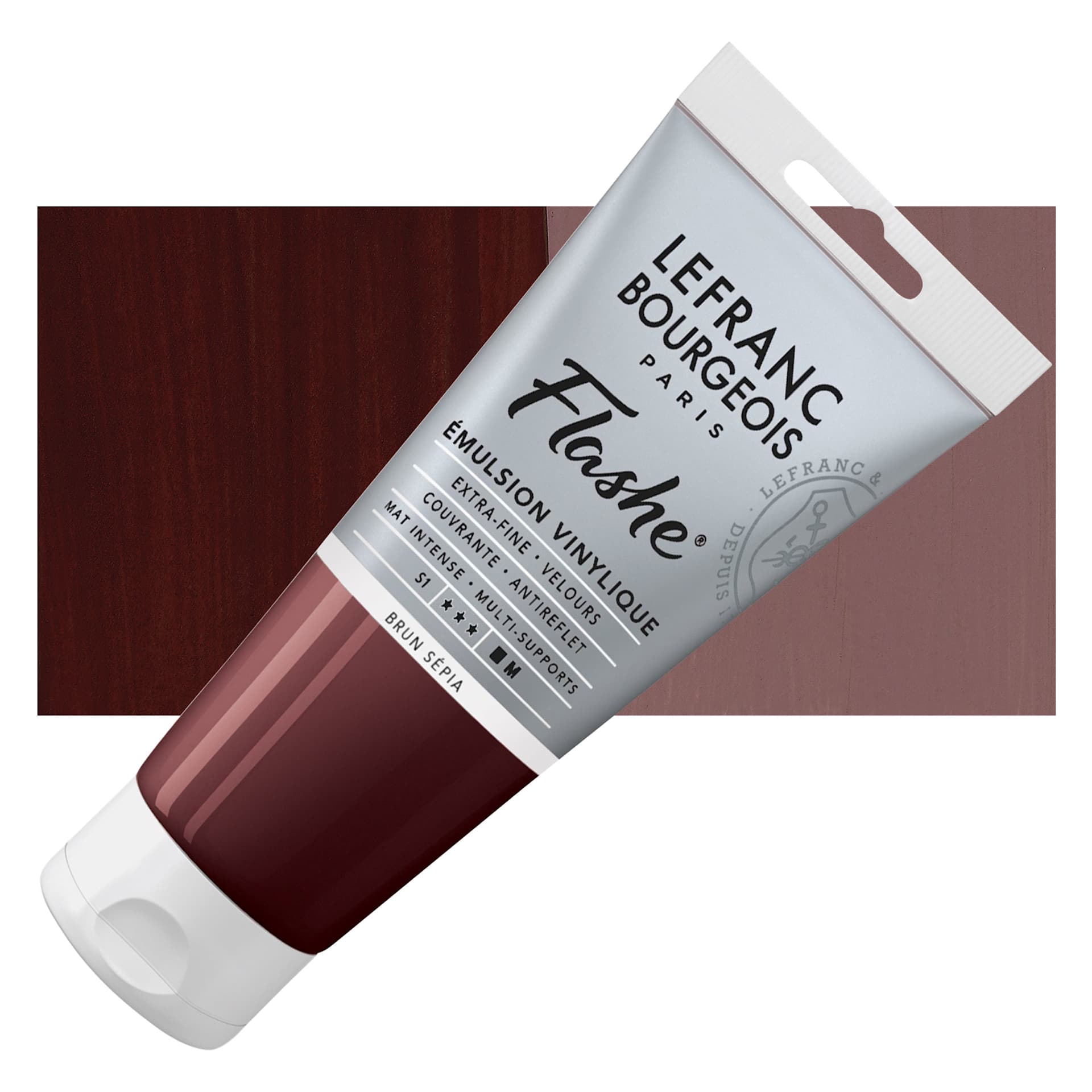 Lefranc & Bourgeois Flashe Vinyl Paint - Sepia Brown, 80 ml tube and swatch