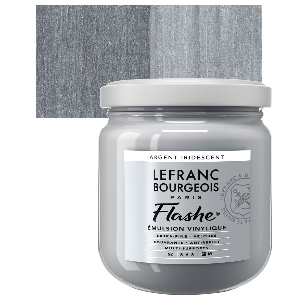 Lefranc & Bourgeois Flashe Vinyl Paint - Iridescent Silver 400 ml jar and swatch
