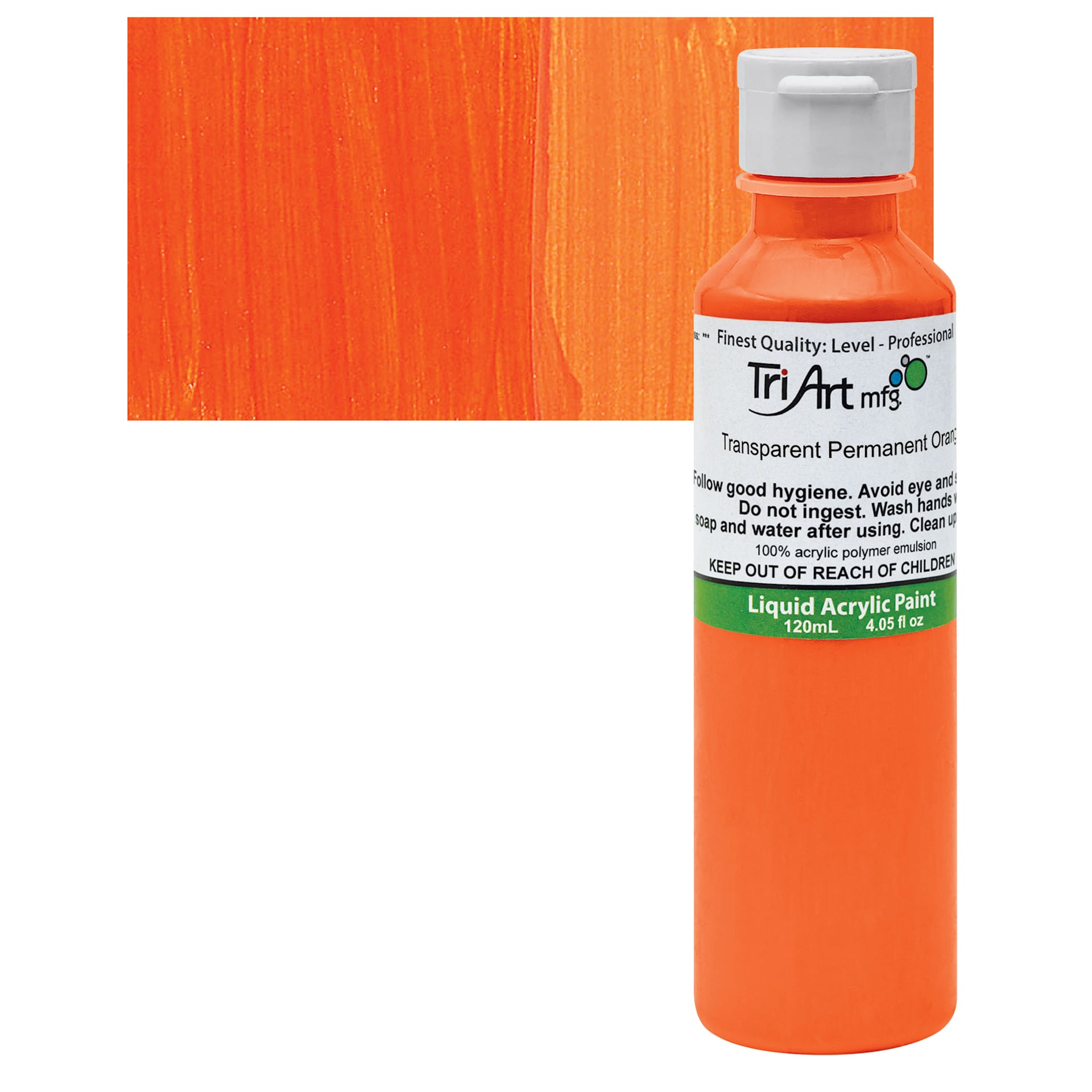 Tri-Art Liquid Artist Acrylic - Transparent Permanent Orange, 120 ml bottle and swatch