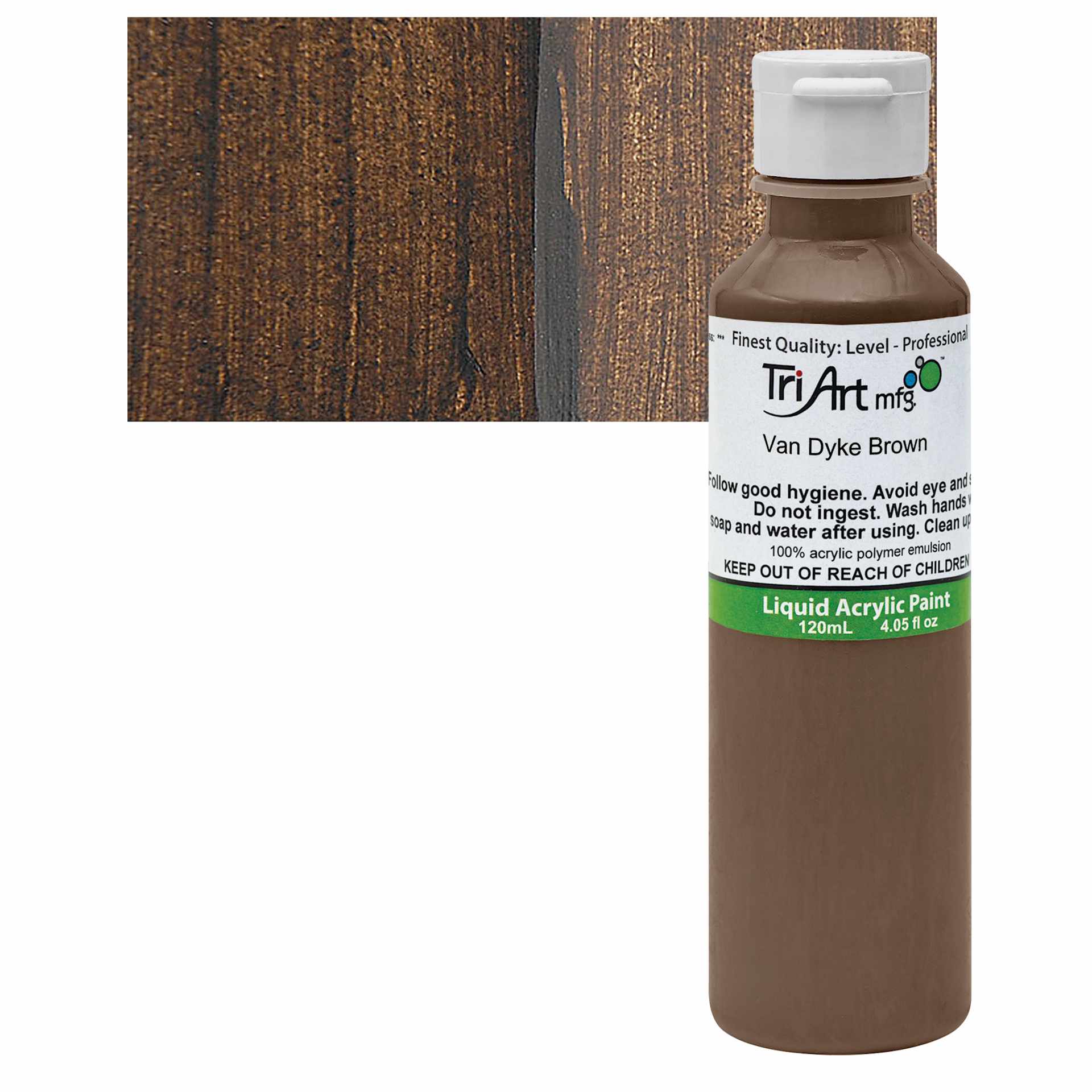 Tri-Art Liquid Artist Acrylic - Van Dyke Brown, 120 ml bottle and swatch