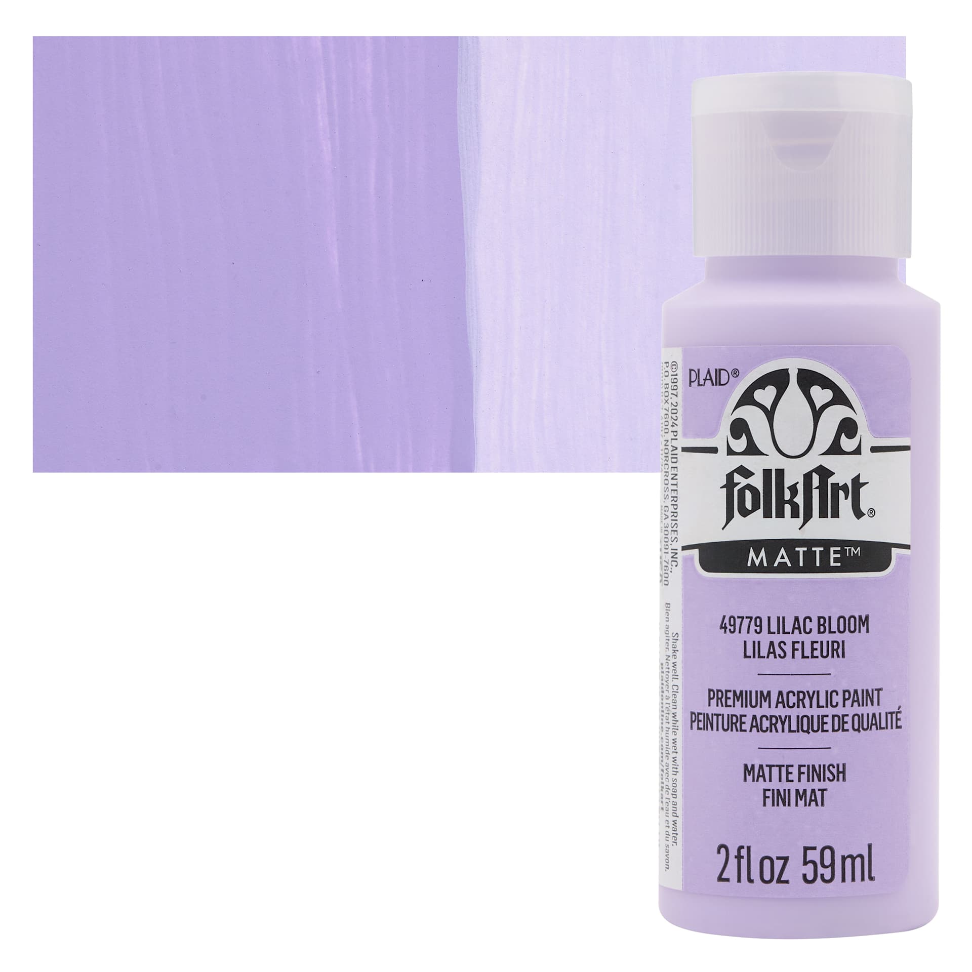 FolkArt Matte Acrylic Paint - Lilac Bloom, 2 oz, Bottle and swatch