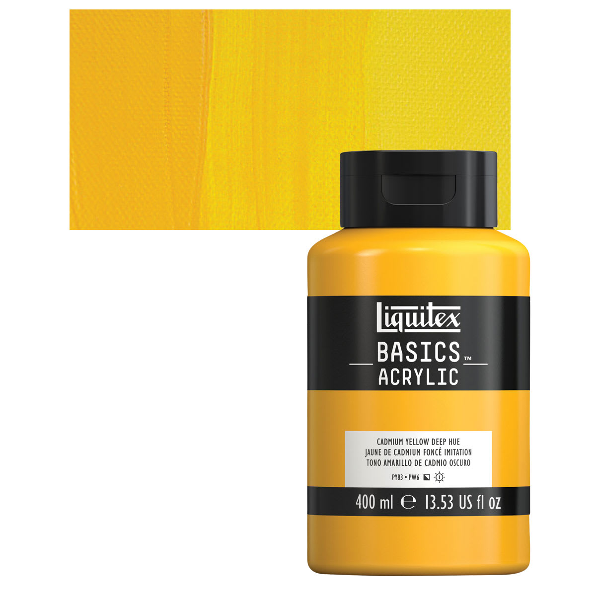 Liquitex Basics Acrylic Paint - Cadmium Yellow Deep Hue, 13.5 oz Bottle and swatch