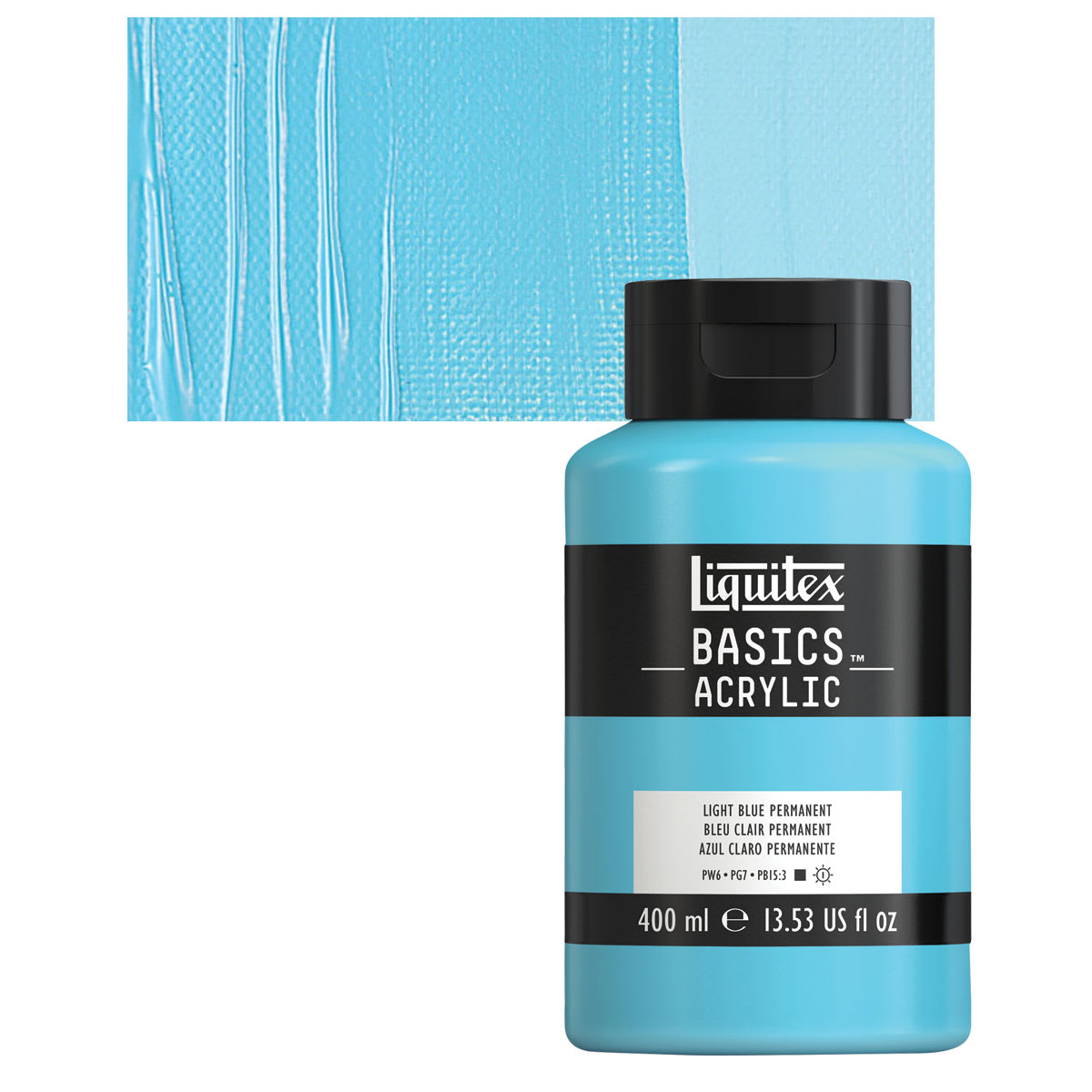 Liquitex Basics Acrylic Paint - Light Blue Permanent,13.5 oz Bottle and swatch