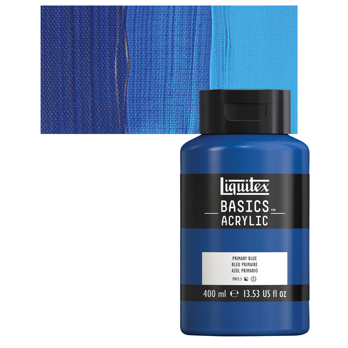 Liquitex Basics Acrylic Paint - Primary Blue, 13.5 oz Bottle and swatch