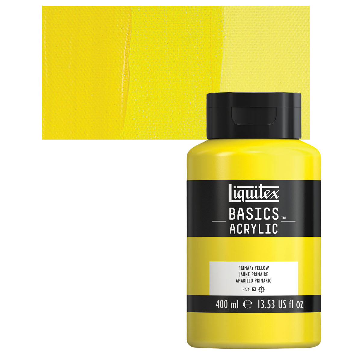Liquitex Basics Acrylic Paint - Primary Yellow, 13.5 oz Bottle and swatch