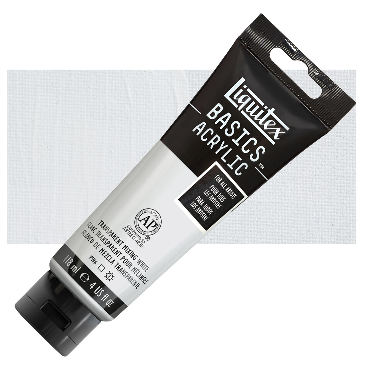 Liquitex Basics Acrylic Paint - Transparent Mixing White, 4 oz tube and swatch