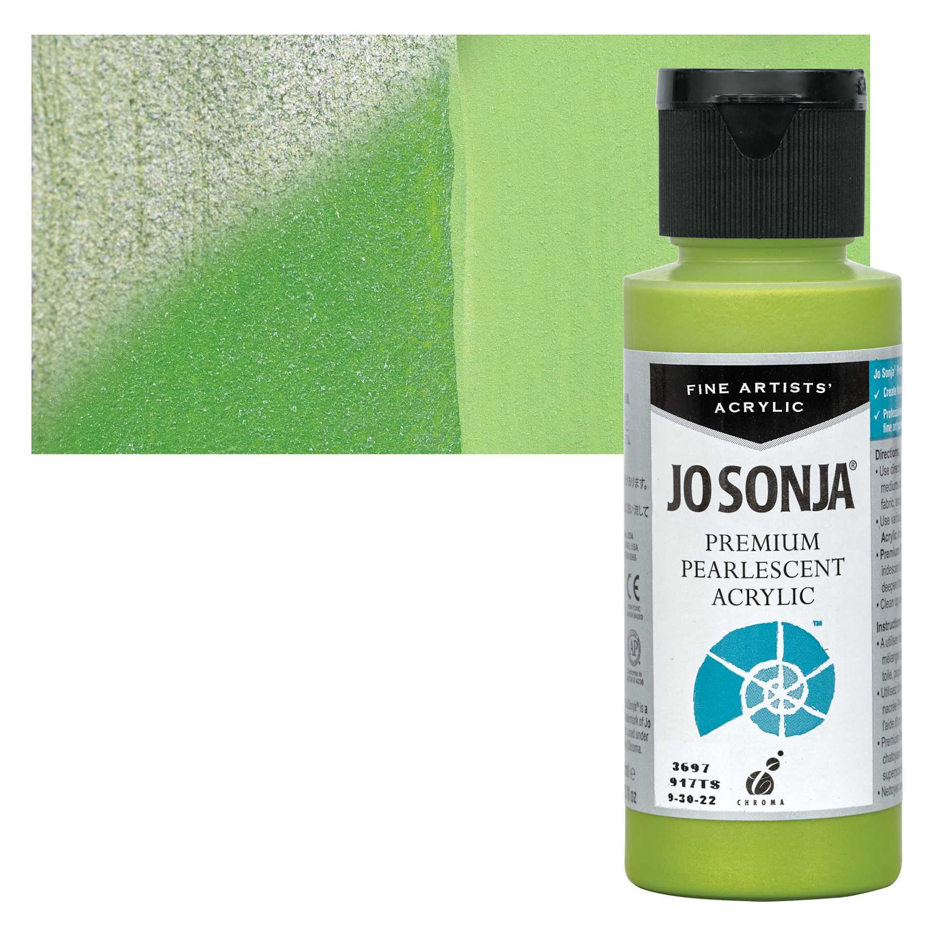 Chroma’s Jo Sonja Premium Pearlescent - Pearlescent Yellow Green, 2 oz bottle and swatch