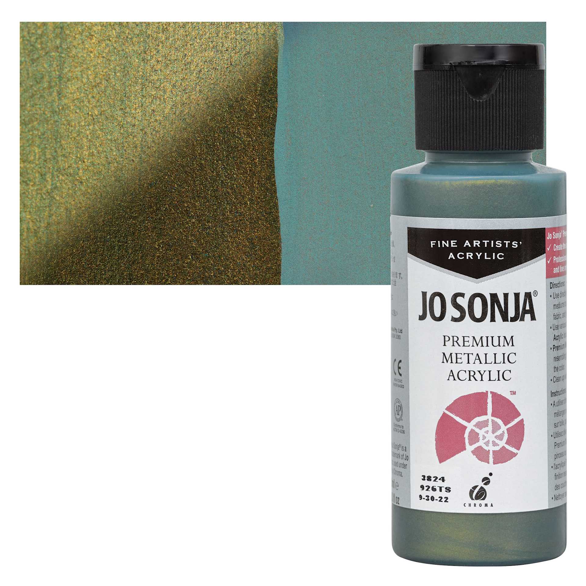 Chroma’s Jo Sonja Premium Metallic - Olive Green, 2 oz bottle and swatch