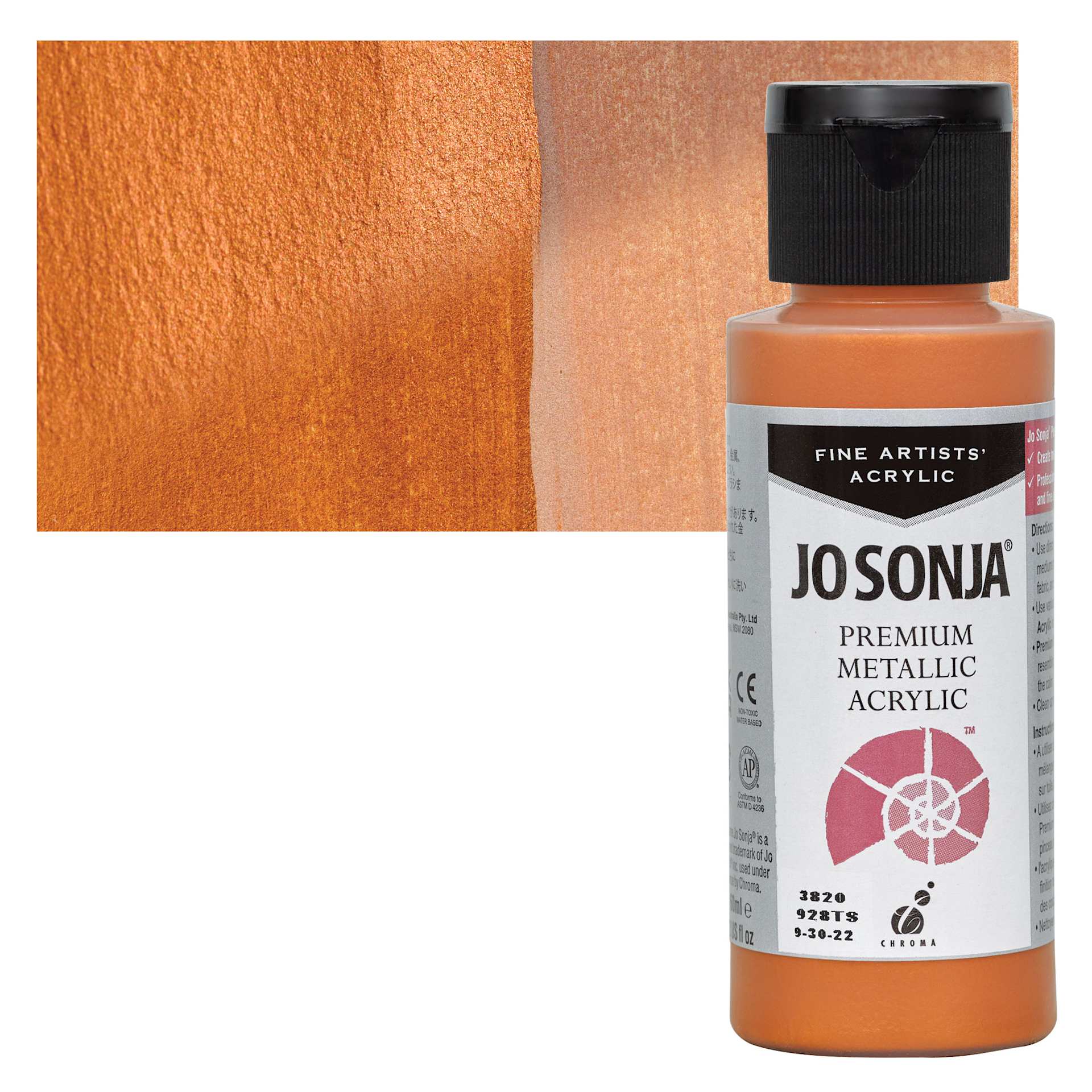 Chroma’s Jo Sonja Premium Metallic - Aztec Gold, 2 oz bottle and swatch