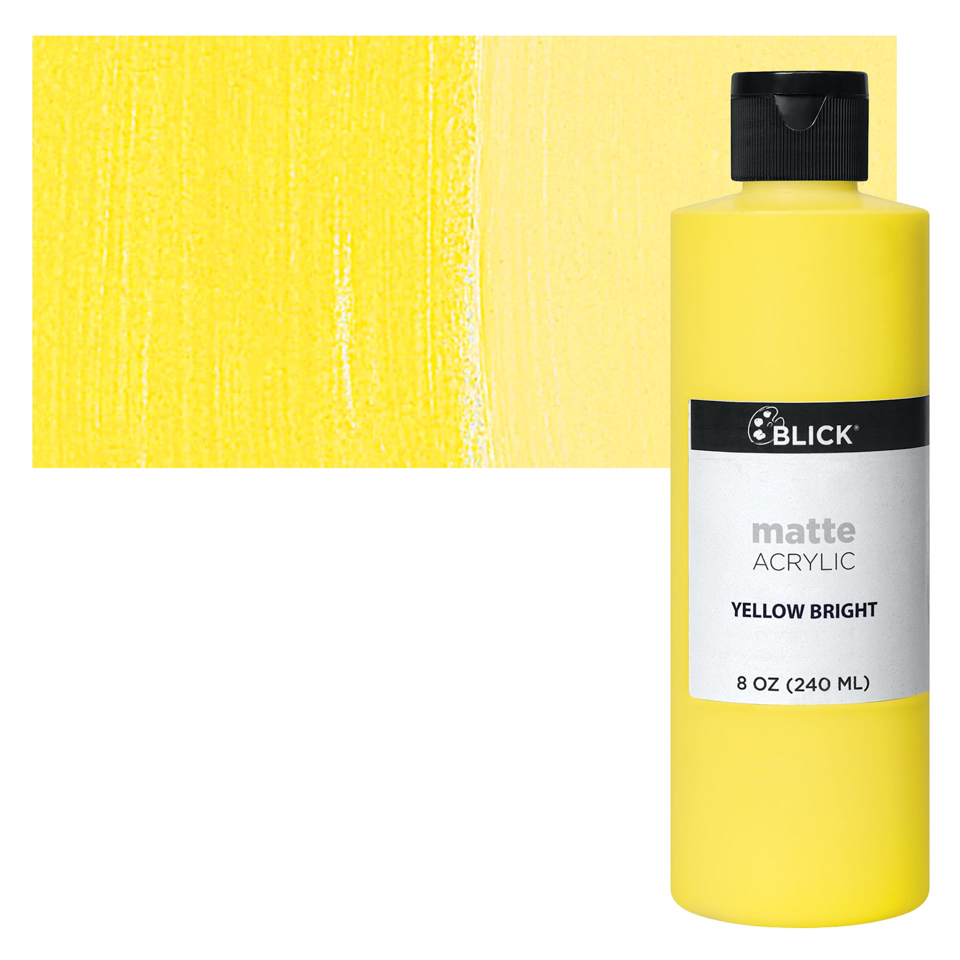Blick Matte Acrylic - Yellow Bright, 8 oz bottle and swatch