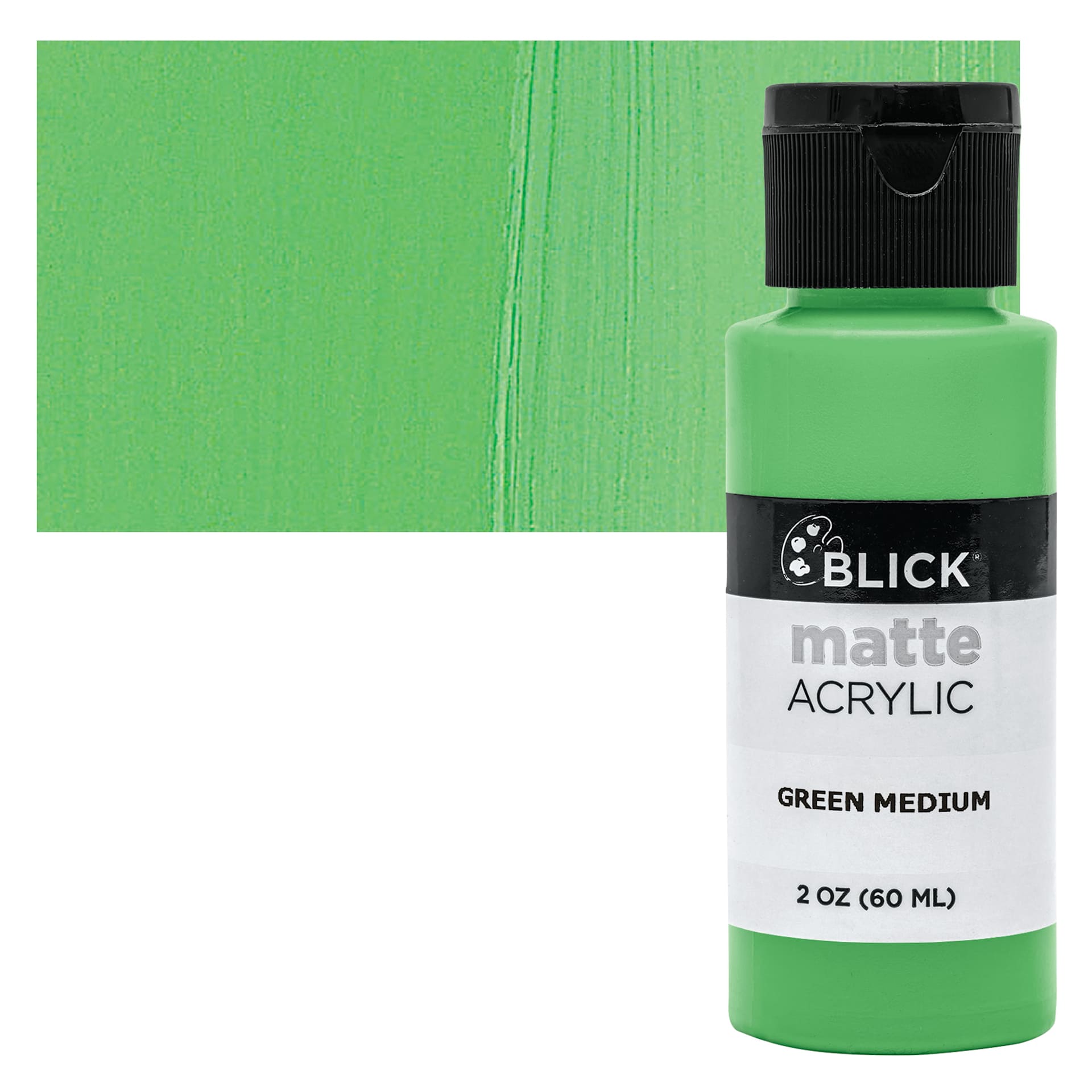 Blick Matte Acrylic - Green Medium, 2 oz bottle and swatch