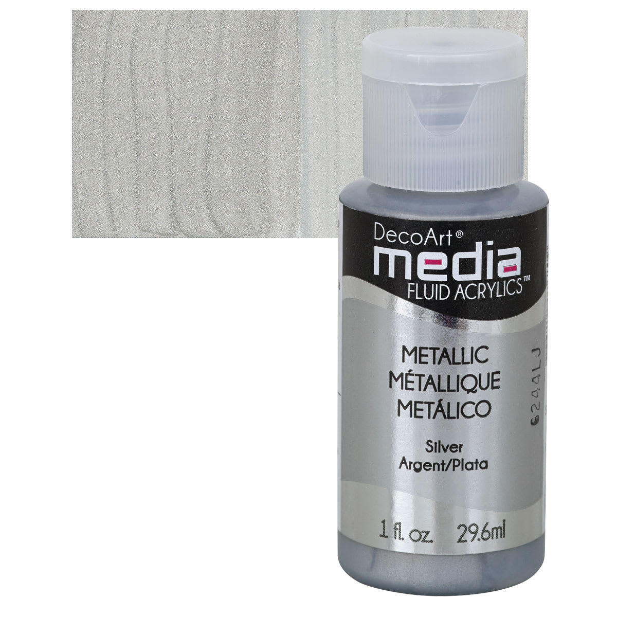 Deco Art Media Fluid Acrylic - Metallic Silver 1 oz Bottle and swatch