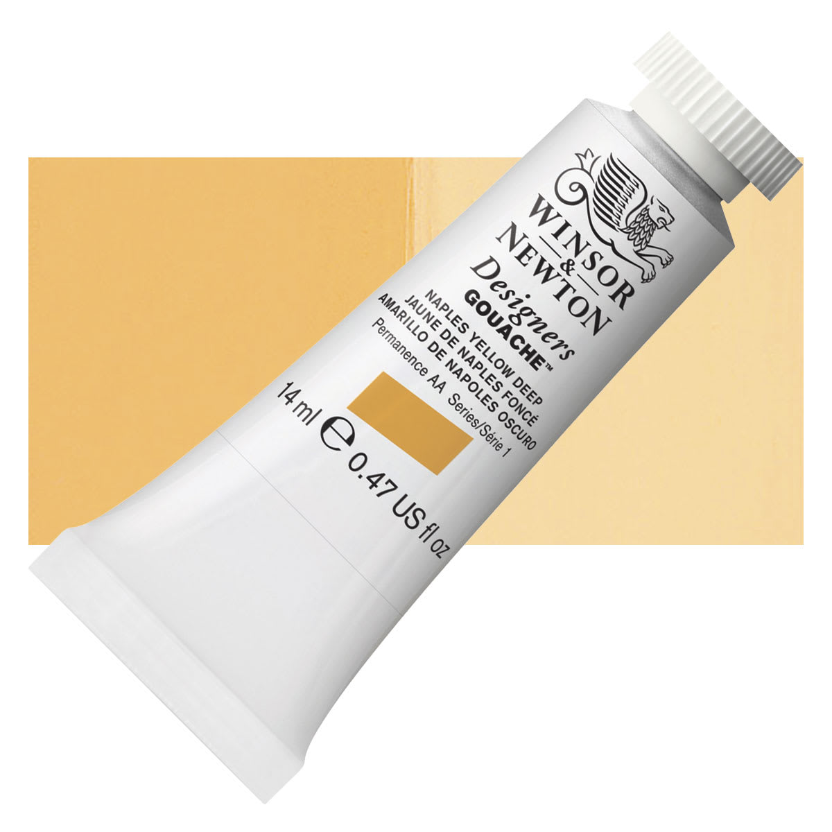 Winsor & Newton Designers Gouache - Naples Yellow Deep, 14 ml tube and swatch