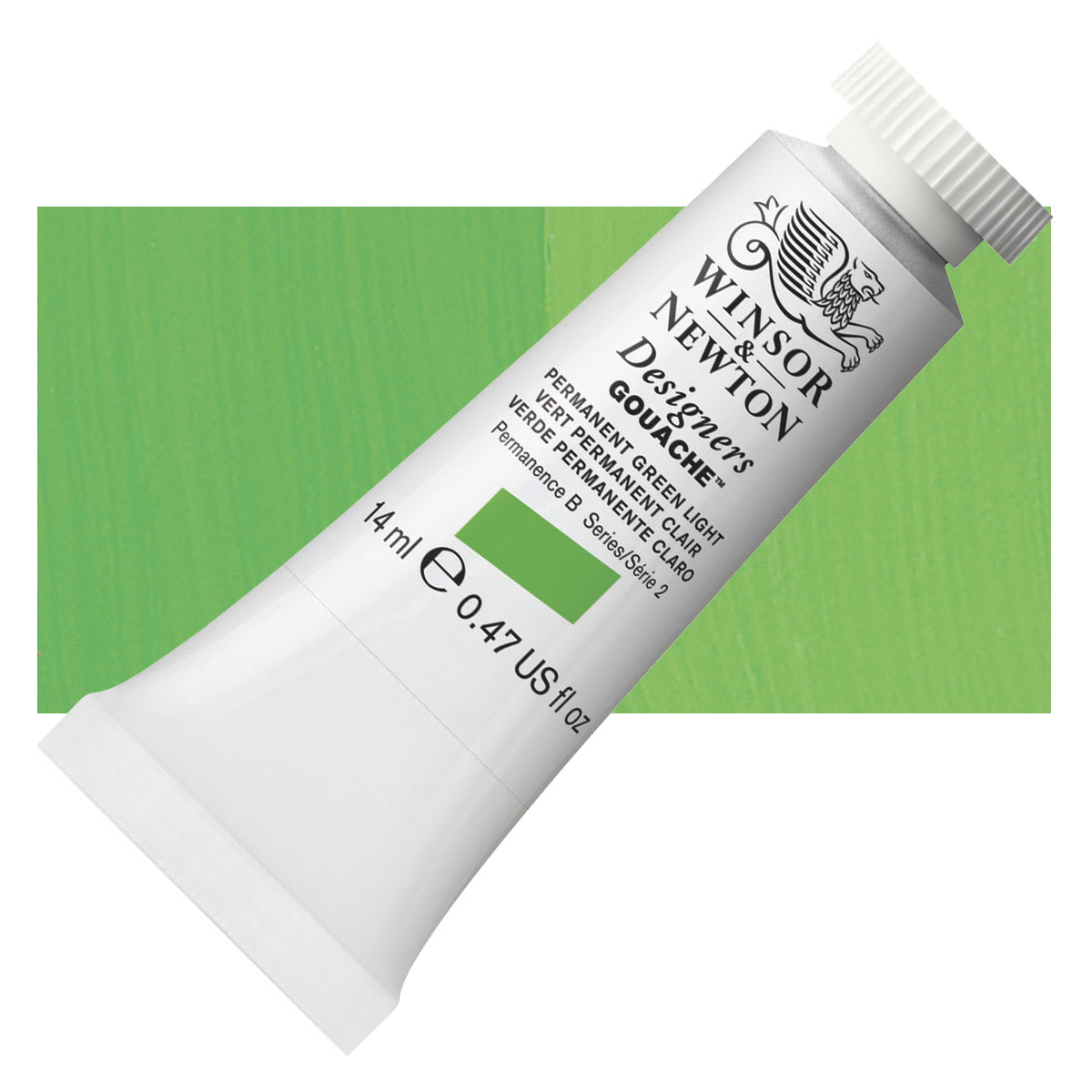 Winsor & Newton Designers Gouache - Permanent Green Light, 14 ml tube and swatch