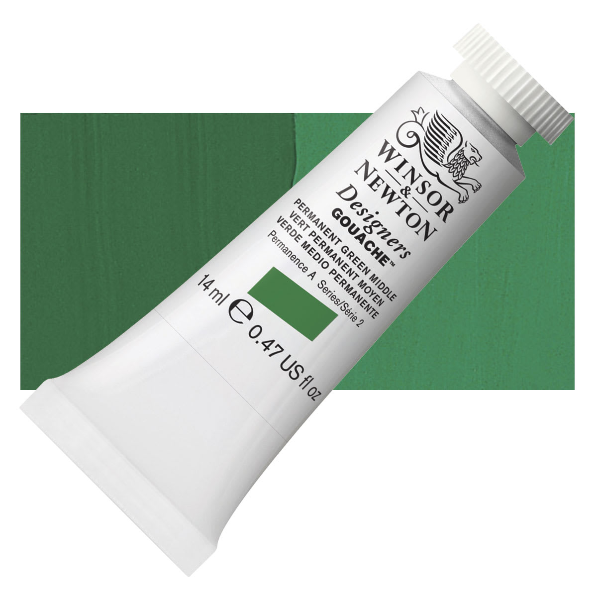 Winsor & Newton Designers Gouache - Permanent Green Medium, 14 ml tube and swatch