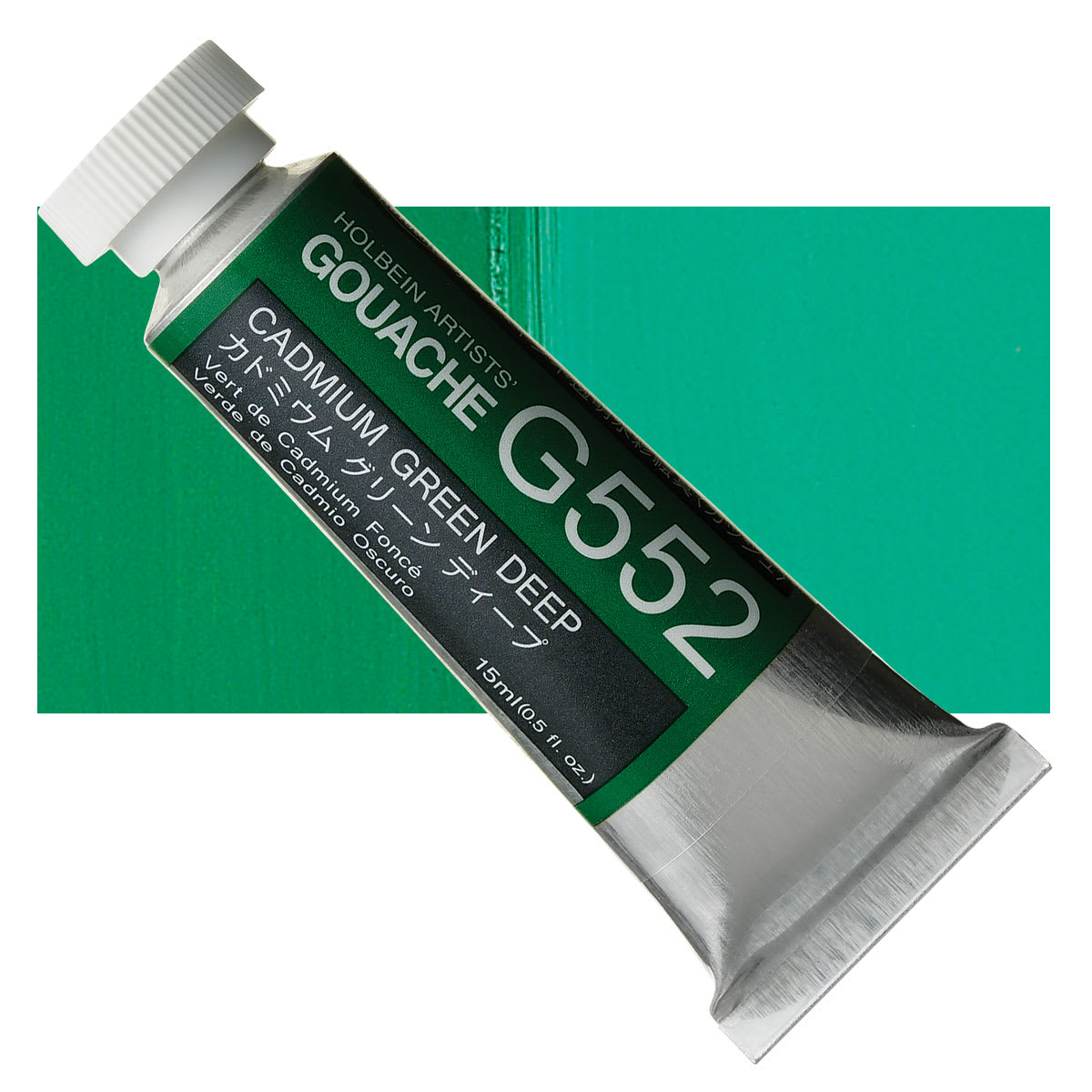 Holbein Artists' Gouache - Cadmium Green Deep, 15 ml tube and swatch