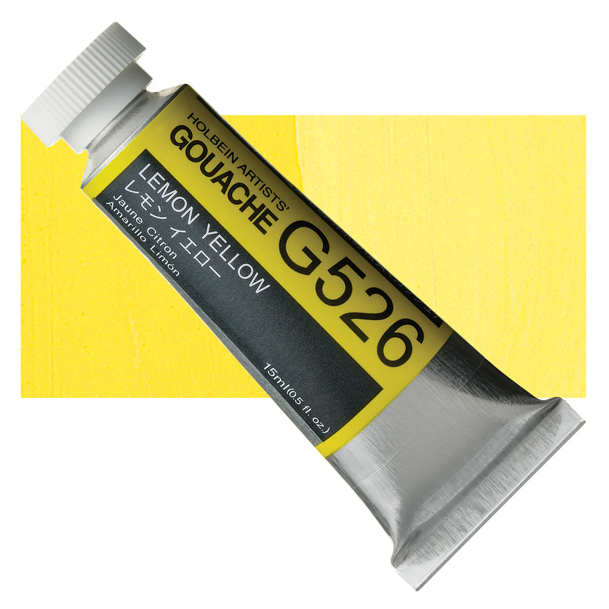Holbein Artists' Gouache - Lemon Yellow Primary, 15 ml tube and swatch