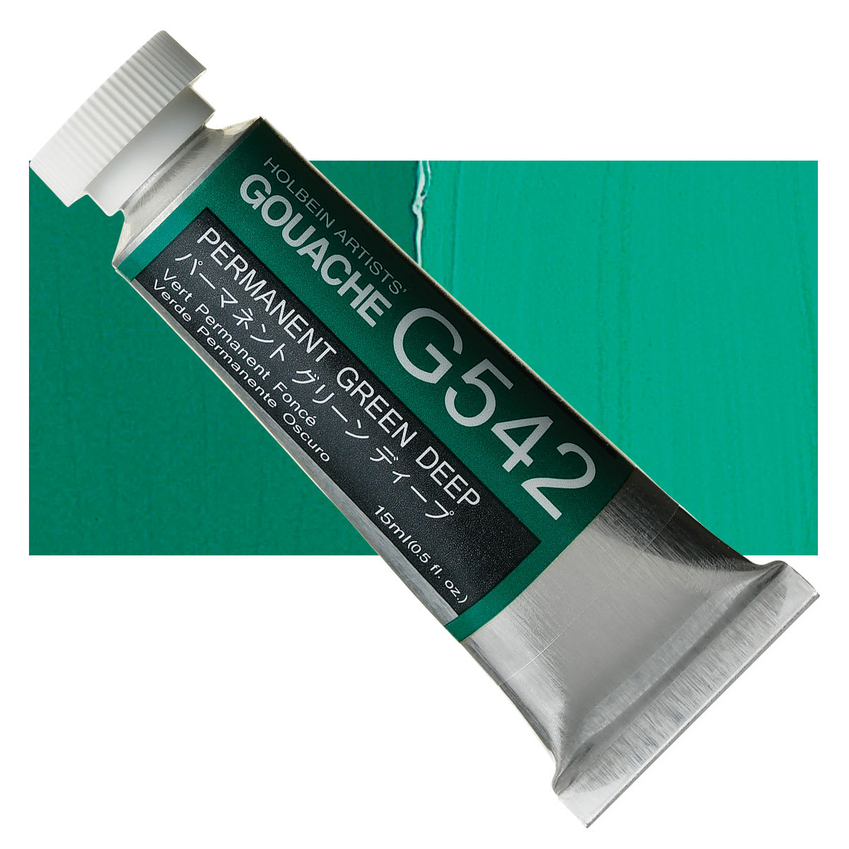 Holbein Artists' Gouache - Permanent Green Deep, 15 ml tube and swatch