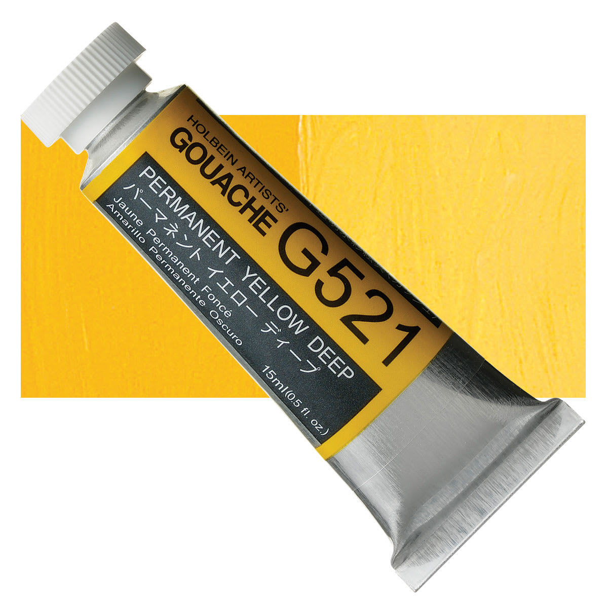 Holbein Artists' Gouache - Permanent Yellow Deep, 15 ml tube and swatch