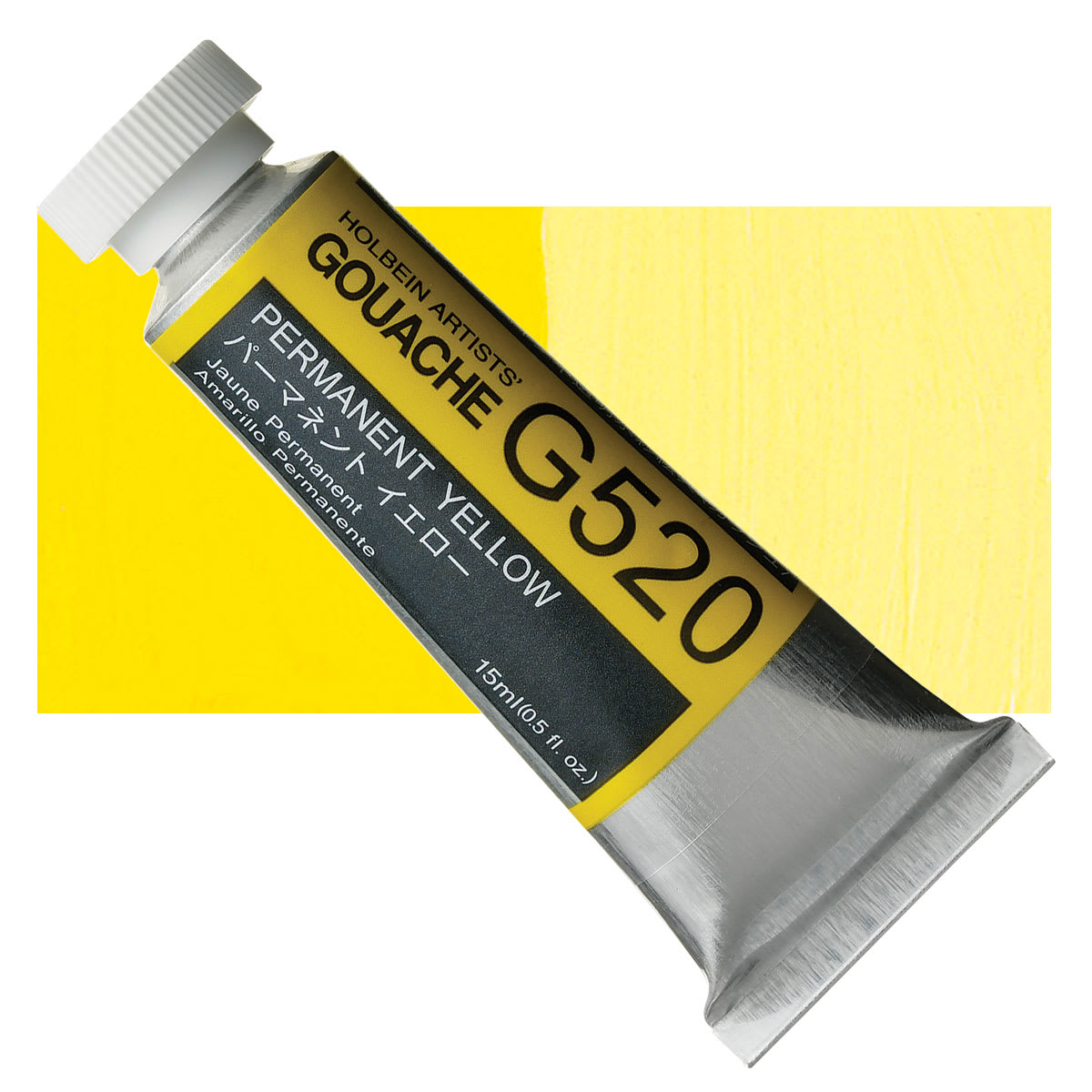 Holbein Artists' Gouache - Permanent Yellow, 15 ml tube and swatch