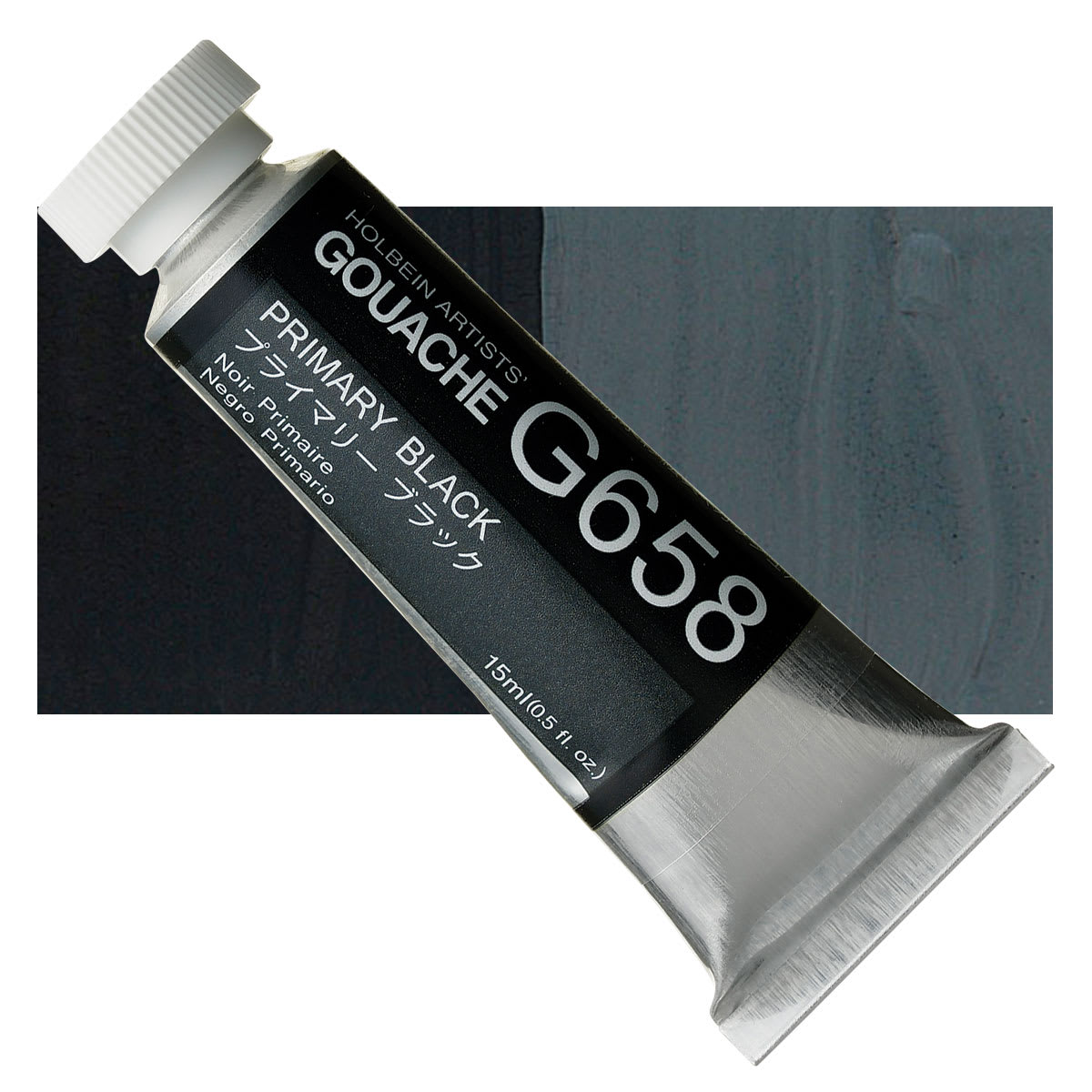 Holbein Artists' Gouache - Primary Black, 15 ml tube and swatch