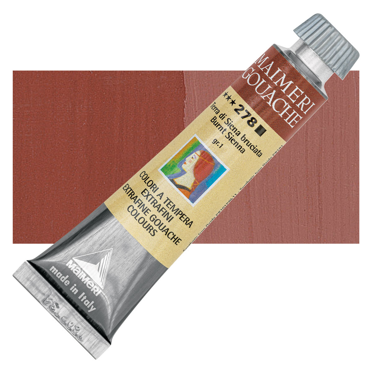 Maimeri Artist Gouache - Burnt Sienna, 20 ml tube and swatch