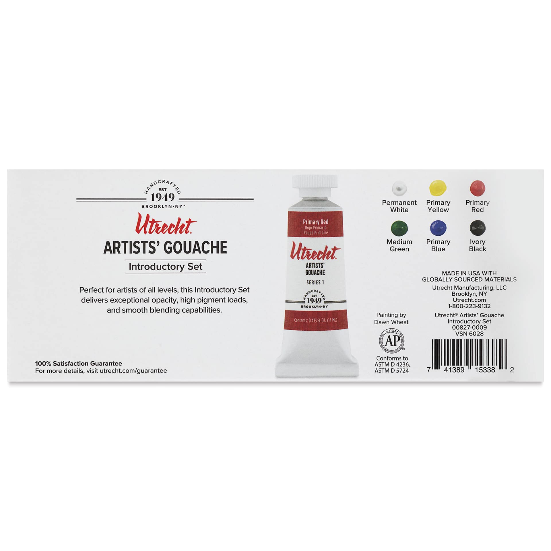 Utrecht Artists' Gouache - Introductory Set of 6, 14 ml Tubes, back of packaging
