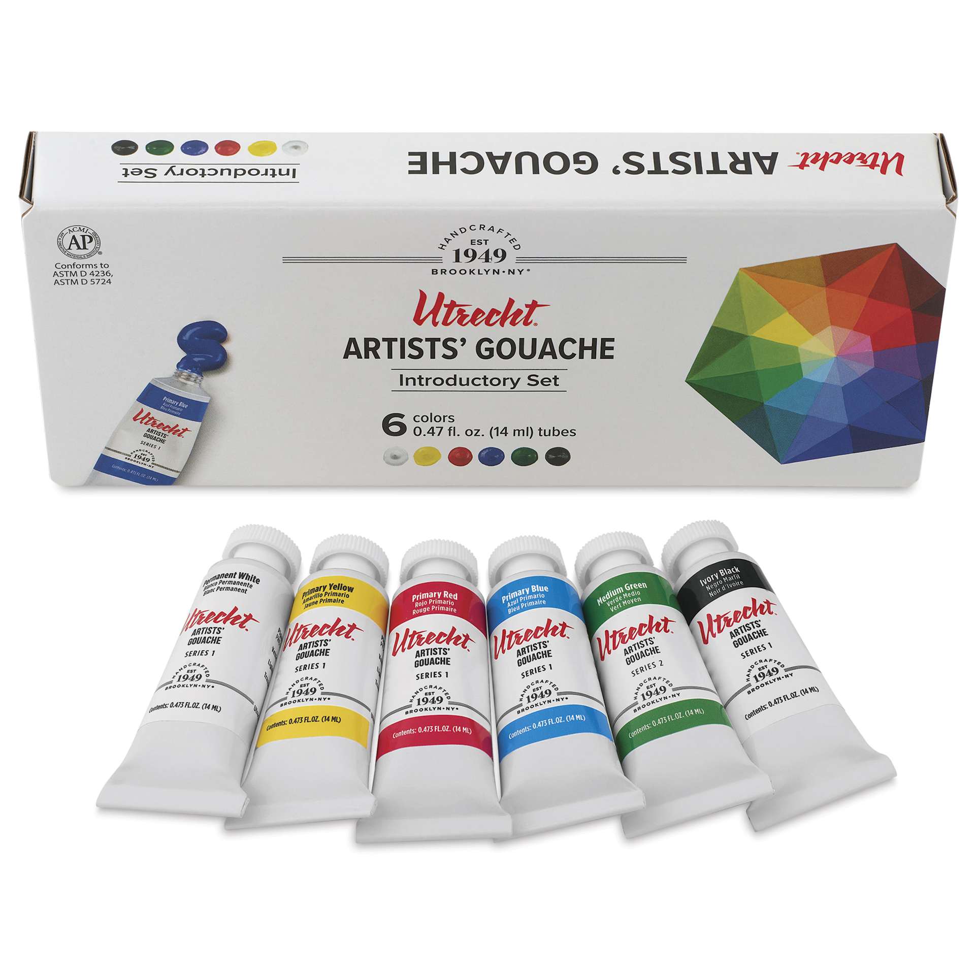 Utrecht Artists' Gouache - Introductory Set of 6, 14 ml Tubes, contents with packaging
